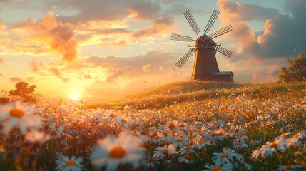 Rustic wooden windmill standing tall on a rolling green hill surrounded by a vibrant display of wildflowers under the warm soft light of a peaceful countryside sunset
