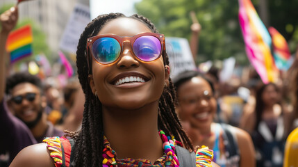 African American feminist female in march celebrating women's day expressing empowerment and leadership to achieve woman's rights on International Women's day