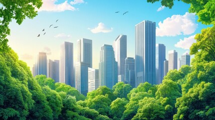 Fototapeta premium Illustration of a green cityscape with modern skyscrapers, lush trees, and environmental conservation elements, representing urban sustainability.