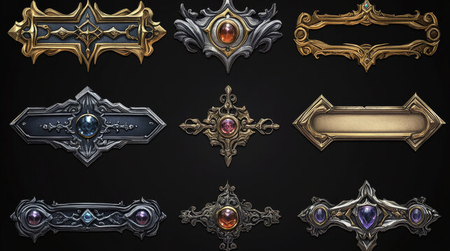 Empty circle silver and gold frames in medieval style for game ui design. Vector cartoon set of user interface elements with metal border with gems isolated on background