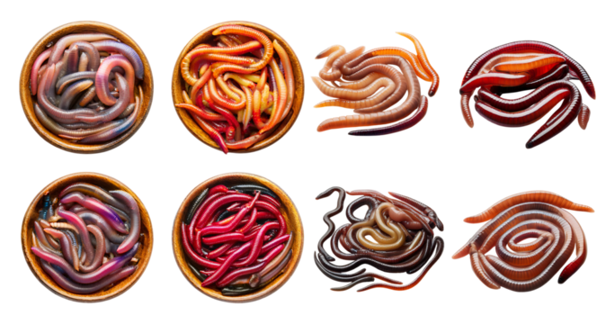 Colorful Varieties of Snakes and Eels in Round Containers Displayed, isolated on transparent background