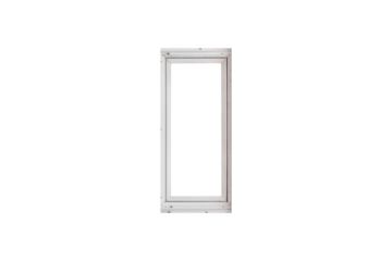 A contemporary, vertically  window with a clean metal frame and one pane is isolated.