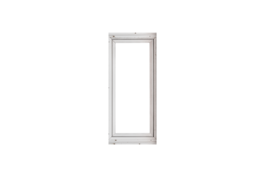 A contemporary, vertically  window with a clean metal frame and one pane is isolated.