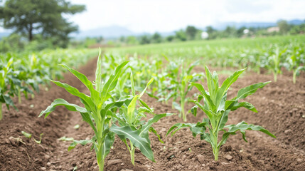 Obraz premium Cornfield Rows: A verdant field of young corn plants, rows stretching into the distance under a clear, bright sky. The close-up shot showcases the intricate detail of the tender.