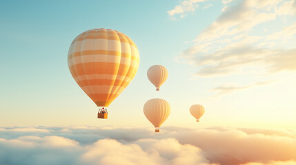 Obraz premium Hot Air Balloons at Sunrise: Four vibrant hot air balloons soar gracefully above a sea of clouds, bathed in the warm, golden light of a breathtaking sunrise, evoking a sense of adventure, freedom.