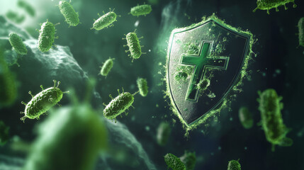 Virus protection banner with shield, cross and bacteria piked cells flying on blue background. Anti bacterial or germ defence, immune system protect medical poster, Realistic 3d vector illustration