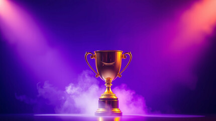 Gleaming golden trophy radiates accomplishment under vibrant spotlights