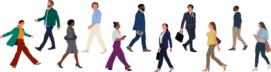 Set of different business people, men and women in casual and formal clothes walking side view. Colorful flat vector illustration isolated on white background