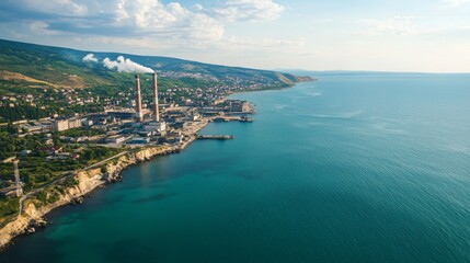 Aerial View of Industrial Plants Factory Chimneys. Environmental Awareness Concept. Pollutant.