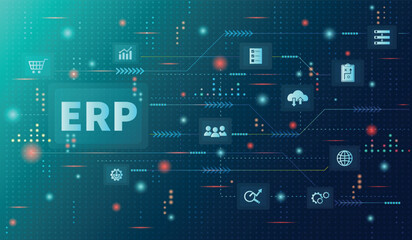 Fototapeta premium ERP, Enterprise resource planning concept. Business, Technology, Internet and network, software system for business resources plan presented. Businesses infographic, vector illustration with icons.