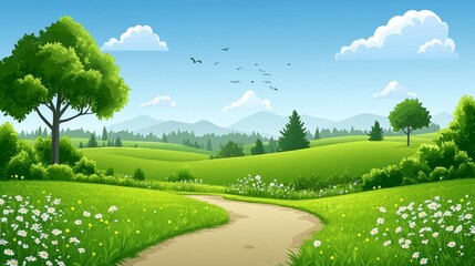 Serene Summer Meadow Landscape Path to Mountain Vista Green Grassy Field