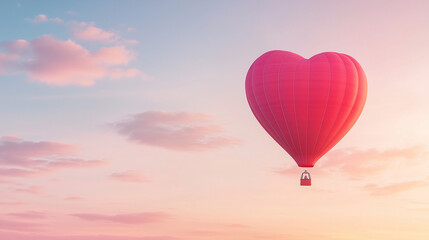 Obraz premium Heartfelt Ascent: A vibrant red heart-shaped hot air balloon drifts serenely across a pastel sky, evoking feelings of love, hope, and adventure.