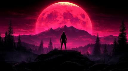 Naklejka premium Silhouette Figure Against Crimson Lunar Eclipse Mountain Landscape