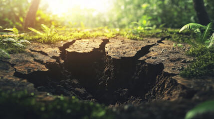 Fototapeta premium Ground cracks top view, earthquake cracking holes, ruined land surface crushed texture. Destruction, split, damage fissure effect after disaster isolated on transparent background. Realistic 3d vector