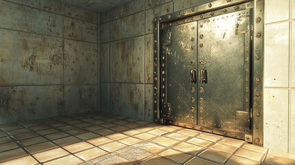 Obraz premium Bank safe and vault door, metal steel round gate mechanism in empty bunker room with tiled floor and durable walls with welds and rivets. Storage for gold and money, Realistic 3d vector illustration