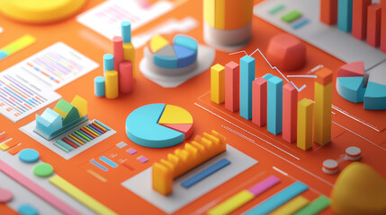Obraz premium Isometric infographics charts and diagrams, 3d data analysis columns, infographic vector elements, financial information datum statistic. Template for business presentation, report or web site design