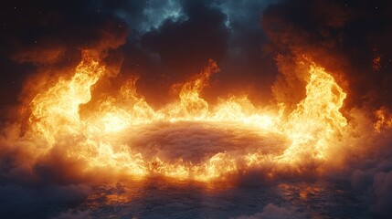 Fiery Ring of Inferno: A Digital Painting of a Burning Circle Encircling a Dark, Cloudy Sky