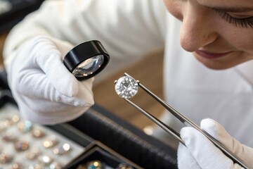 A jeweler inspects a large diamond with a loupe, showcasing precision and expertise in gemstone evaluation.