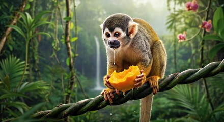 Obraz premium A Squirrel Monkey Perched on a Thick Jungle Vine, Holding a Freshly Bitten Mango