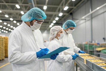 Three workers in protective gear inspect food products in a clean, industrial environment, emphasizing safety and quality control.