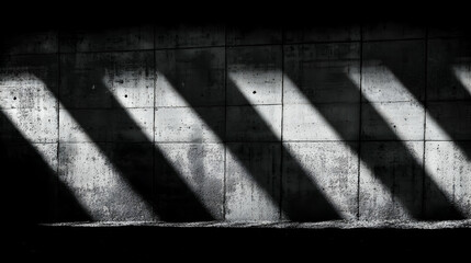 Abstract black and white image of diagonal shadows on a textured concrete wall, creating a dramatic and moody atmosphere. Ideal for design backgrounds and architectural themes.
