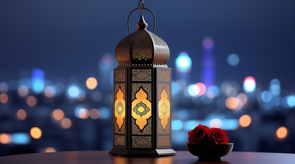 Beautiful Islamic Lantern with Candle Light and Red Roses Against a Blurred Cityscape – Romantic Ramadan and Eid Atmosphere, Middle Eastern Spiritual and Festive Night Aesthetic