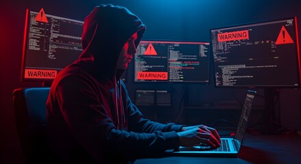 Hacker en una habitación oscura con advertencia de violación de seguridad cibernética