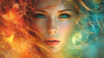 Fototapeta premium Fiery Haired Woman With Emerald Eyes Enveloped In Light