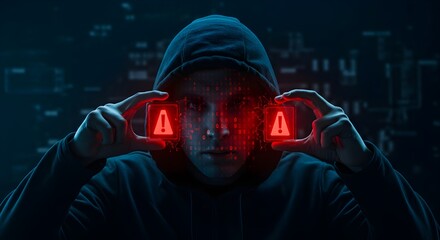 Hacker en una habitación oscura con advertencia de violación de seguridad cibernética