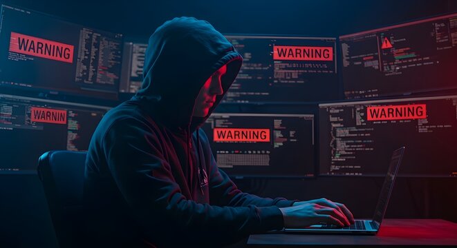 Hacker en una habitaci&oacute;n oscura con advertencia de violaci&oacute;n de seguridad cibern&eacute;tica