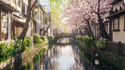 Obraz premium Serene Scenic Walkway by Blooming Cherry Trees and Calm Water