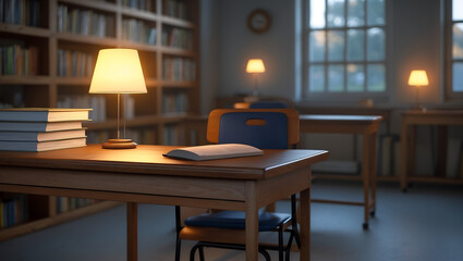 Neat Wooden School Desk with Soft Ambient Lighting for a Calm and Productive Study Environment