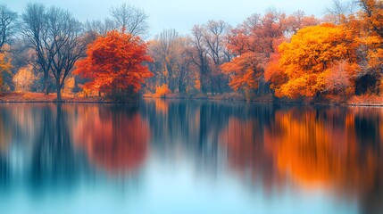 A peaceful lake surrounded by trees with red and yellow leaves