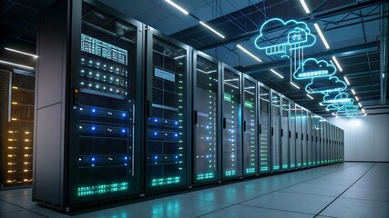 Futuristic AI-driven server room with neon-lit servers, holographic data processing units, and cybersecurity defense systems protecting business intelligence data