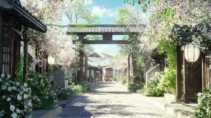 Fototapeta premium Scenic Traditional Wooden Gate Surrounded by Blossoming Flowers