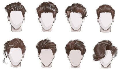 Men's Hairstyle Guide: A stylish and comprehensive collection of eight different men's hairstyles, showcasing various cuts, textures, and styling options, ideal for inspiration and guidance.
