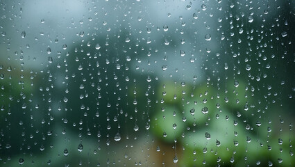 Raindrops on glass rainy window close up with water drops and soft green background