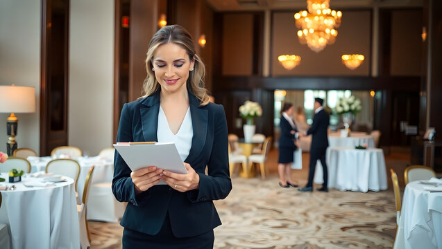 Event Planner in a Luxurious Setting: A confident and professional event planner in a stylish blazer reviews details on a clipboard amidst the elegant ambiance of a luxurious event space.