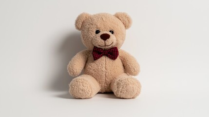 Obraz premium A cute beige teddy bear with a red checkered bow tie, sitting against a plain background.