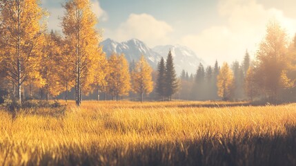 Fototapeta premium A peaceful meadow with tall golden grass and autumn trees