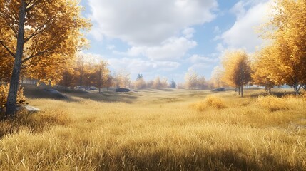 Fototapeta premium A peaceful meadow with tall golden grass and autumn trees