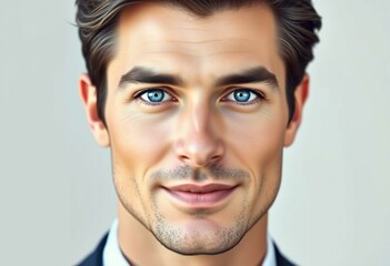 Portrait of a man with piercing blue eyes and sharp facial features