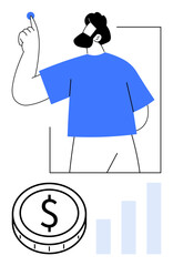 Man in blue shirt reaching for a coin, dollar coin, and bar graph representing financial growth. Ideal for investment, savings, business growth, financial strategy, wealth management, economy