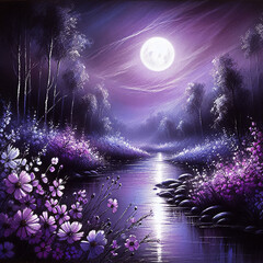 Obraz premium dreamy oil chalk painting of a moonlit creek