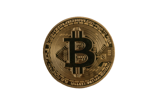 Physical Bitcoin cryptocurrency coin is isolated.