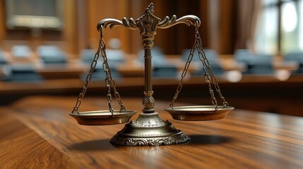Justice Scales in Courtroom: Symbol of Law and Balance