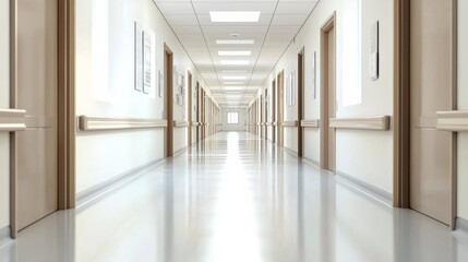 Fototapeta premium Long and bright hospital corridor with clean floors and doors leading to patient rooms during daytime hours