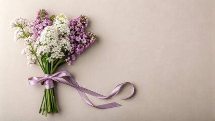 A delicate bouquet of purple and white flowers on a smooth gray-beige background. A satin ribbon wraps around the stems, adding elegance and romantic charm.