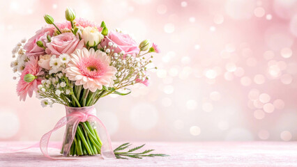 A delicate bouquet of flowers, a romantic and sophisticated composition. The background with pastel pink bokeh lights gives the image an airy and dreamy atmosphere.