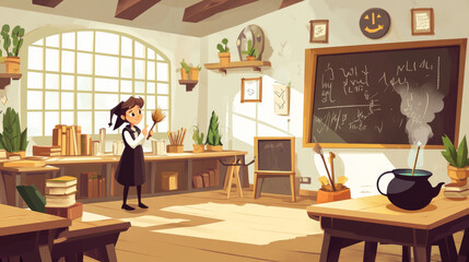 Fototapeta premium Magic school, classroom interior with wooden desks for pupils and teacher, blackboard with chalk writings. Cauldron with potion, witch hat, spell book, wizard wand, broom. Cartoon vector illustration